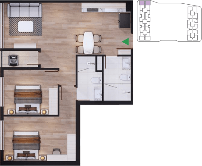 Mặt bằng căn hộ 2 phòng ngủ Corner Tháp Bắc 12 và 13